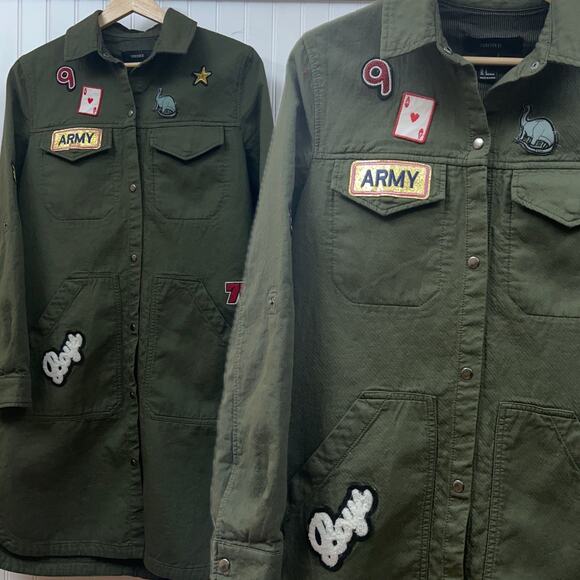 Forever 21 Patch Army Jacket Cargo Long Trenchcoat Pockets Patches Paris - Picture 1 of 9
